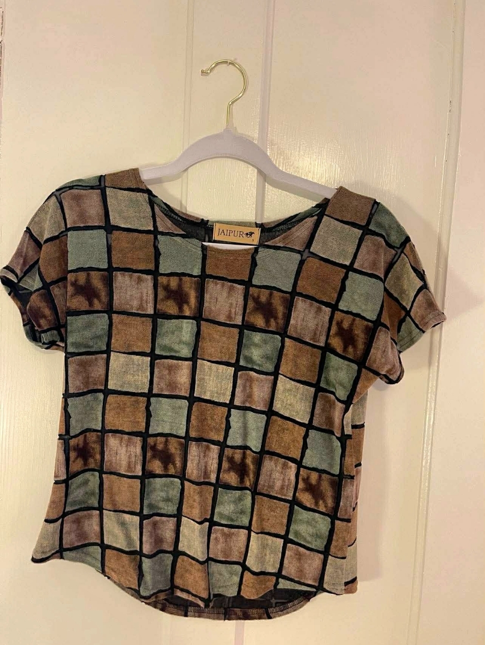 Jaipur Vintage Velvet Patchwork Grid Top Earth Tone Colorblock Size S 90s Boho